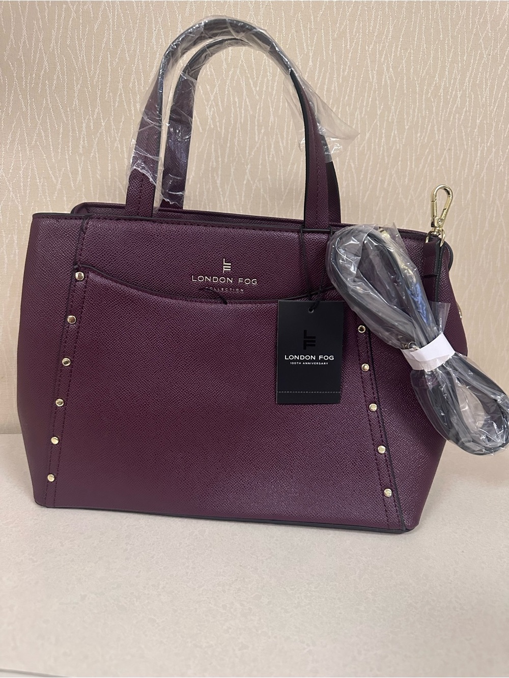 London Fog Plum Structured Tote with Gold Stud Accents